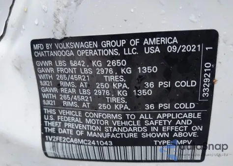 2021 Volkswagen Atlas Cross Sport 3.6L V6 Sel Premium R-Line z USA, uszkodzony, nr VIN 1V2FE2CA6MC241043